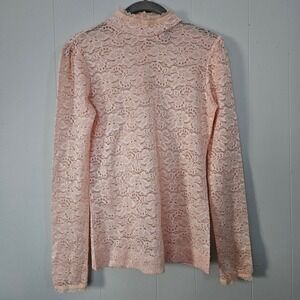 Floral Lace Blouse Womens XS Pink Rhinestone High Neck Romantic Victorian Spring